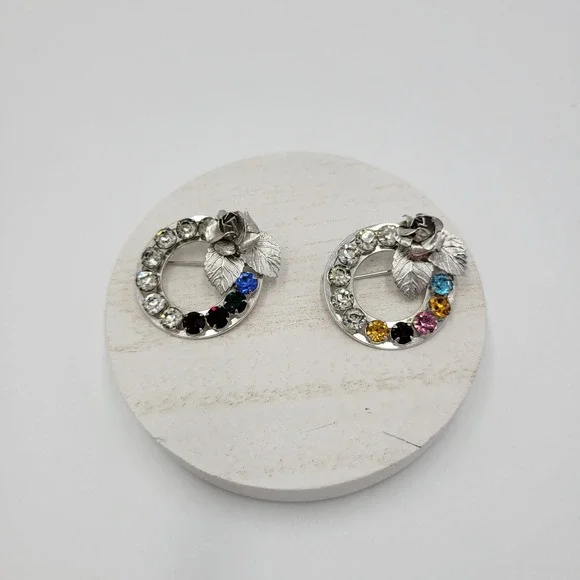 Sterling Silver Multi Color Rhinestone Wreath Brooch Pin Set Mother's Day Gift - Picture 12 of 12